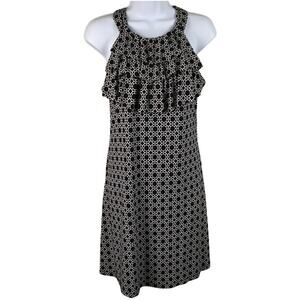 Enfocus Studio Dress Sleeveless Ruffle Halter‎ Black White Keyhole Back Womens 8